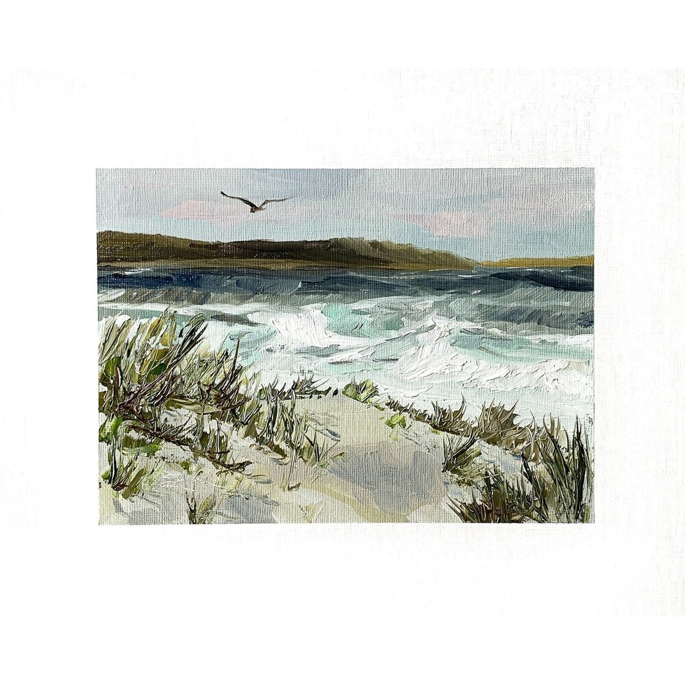 8x10 Original Oil Painting Seascape Sand Dunes Seagull Bird Coastal Art Signed